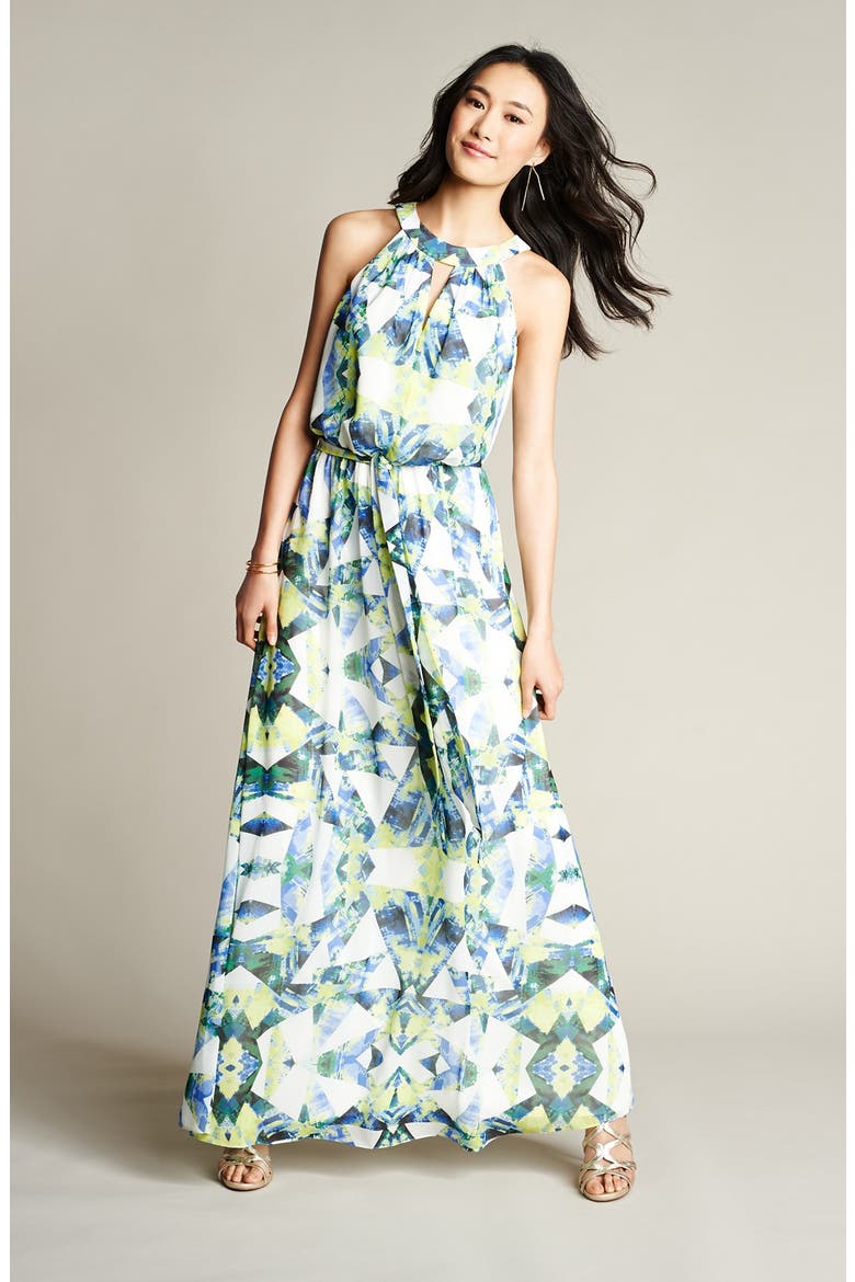 Print Tie Waist Chiffon Maxi Dress, Alternate, color, PRINT