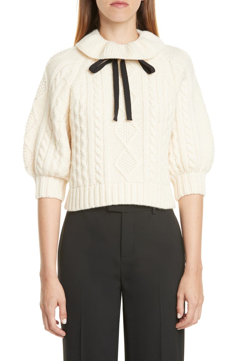 Ribbon Tie Cable Knit Wool Sweater, Main, color, IVORY