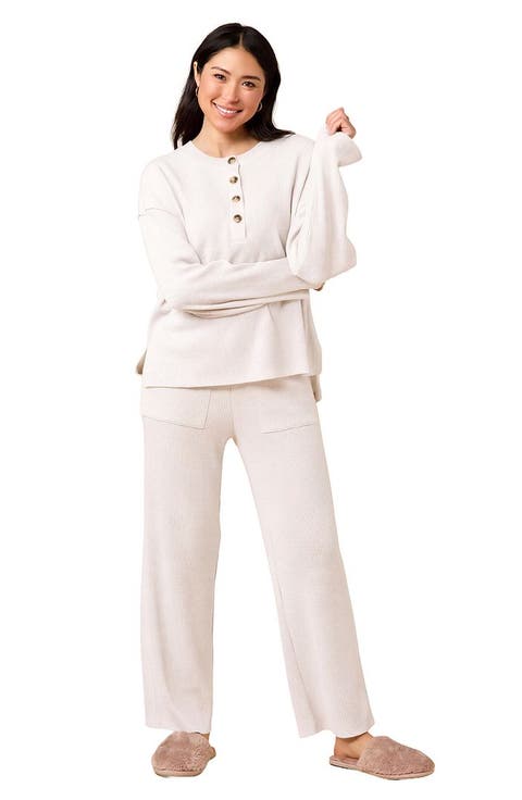 Airthermal Knit Henley Button Top With Pant