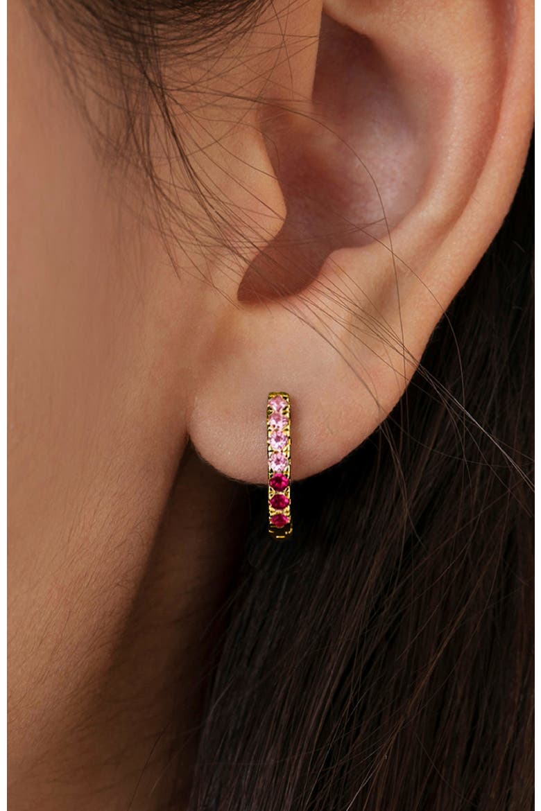 Small Multi Cubic Zirconia Huggie Plated Earrings, Alternate, color, Pink