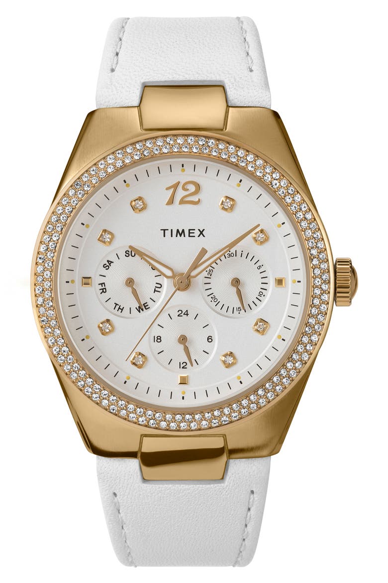 Simone Leather Strap Chronograph Watch, 38mm, Main, color, WHITE