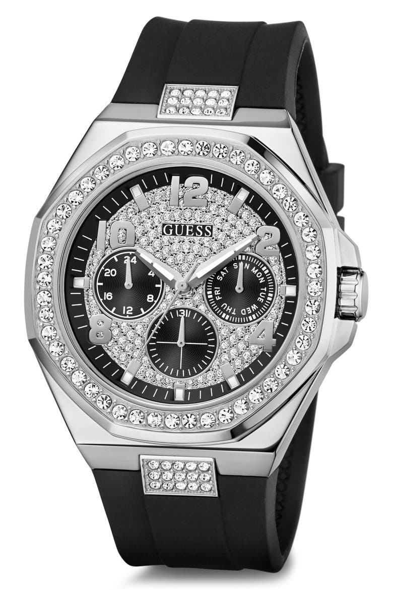 Crystal Detail Multifunction Silicone Strap Watch, 46mm, Alternate, color, BLACK/ SILVER