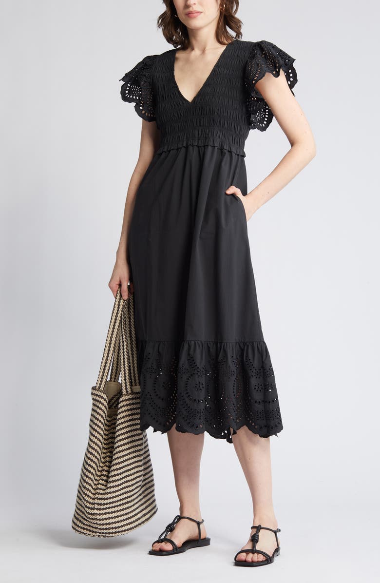 Rails Clementine Eyelet Smocked Cotton Blend Midi Dress, Main, color,