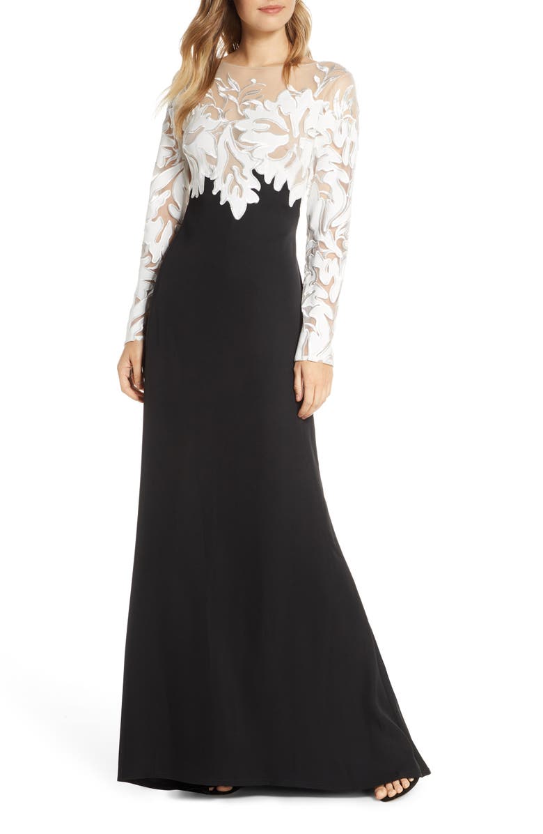 Tadashi Shoji Embroidered Long Sleeve Evening Gown, Main, color,