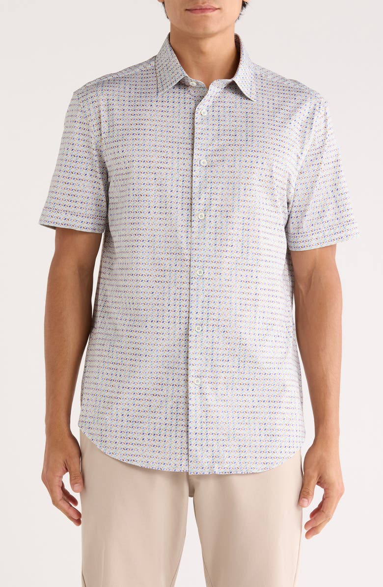 Bugatchi Miles OoohCotton<sup>®</sup> Geometric Print Short Sleeve Button-Up Shirt, Main, color, Aloe