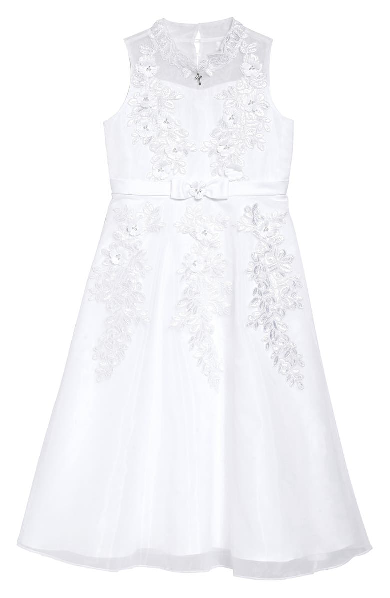GERSON & GERSON Iris & Ivy Embellished Lace A-Line First Communion Dress, Main, color,