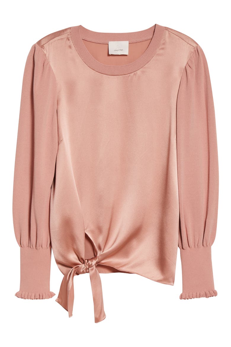 Kerlina Mixed Media Tie Hem Silk Top, Alternate, color, BARE ROSE