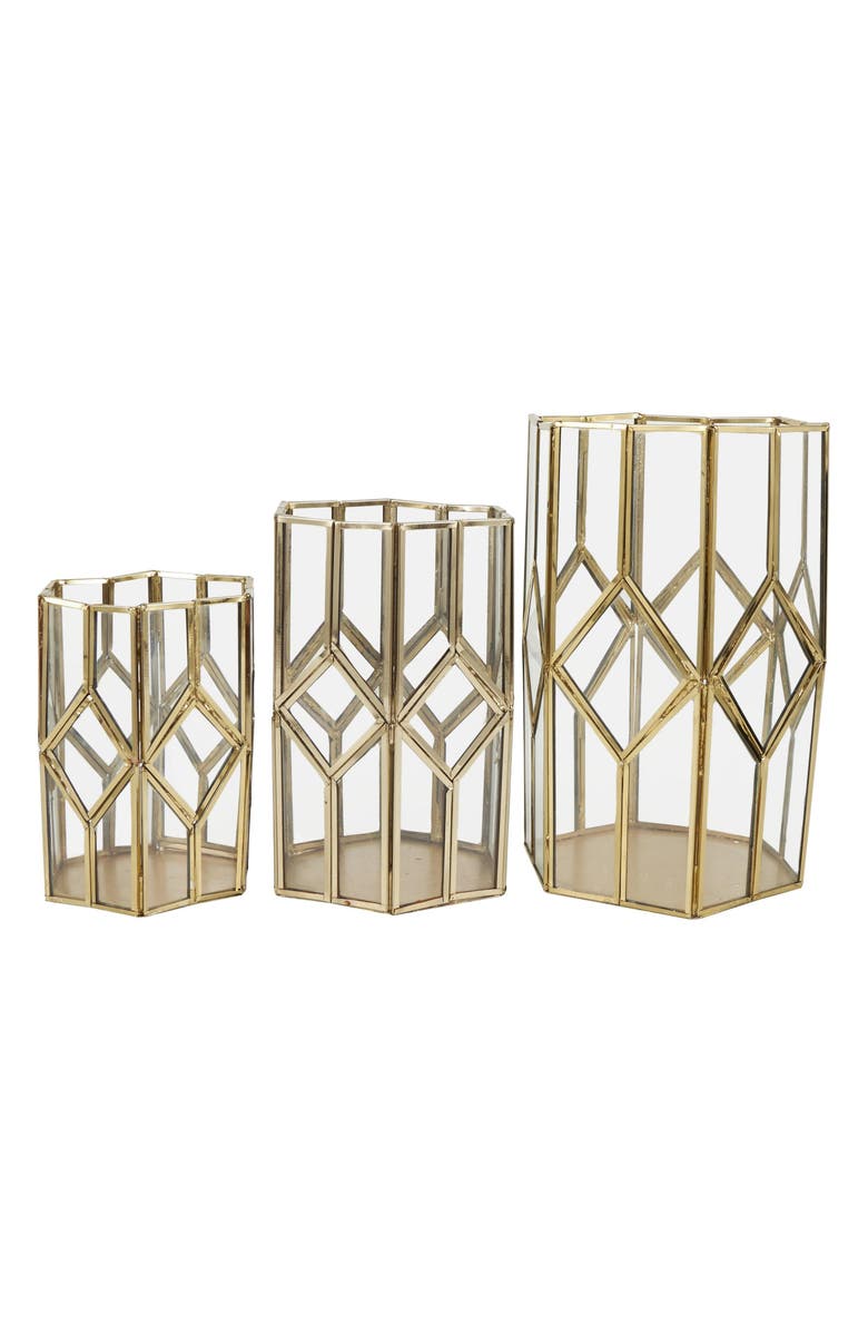 UMA Set of 3 Modern Metal Lantern Candle Holders, Alternate, color, Gold