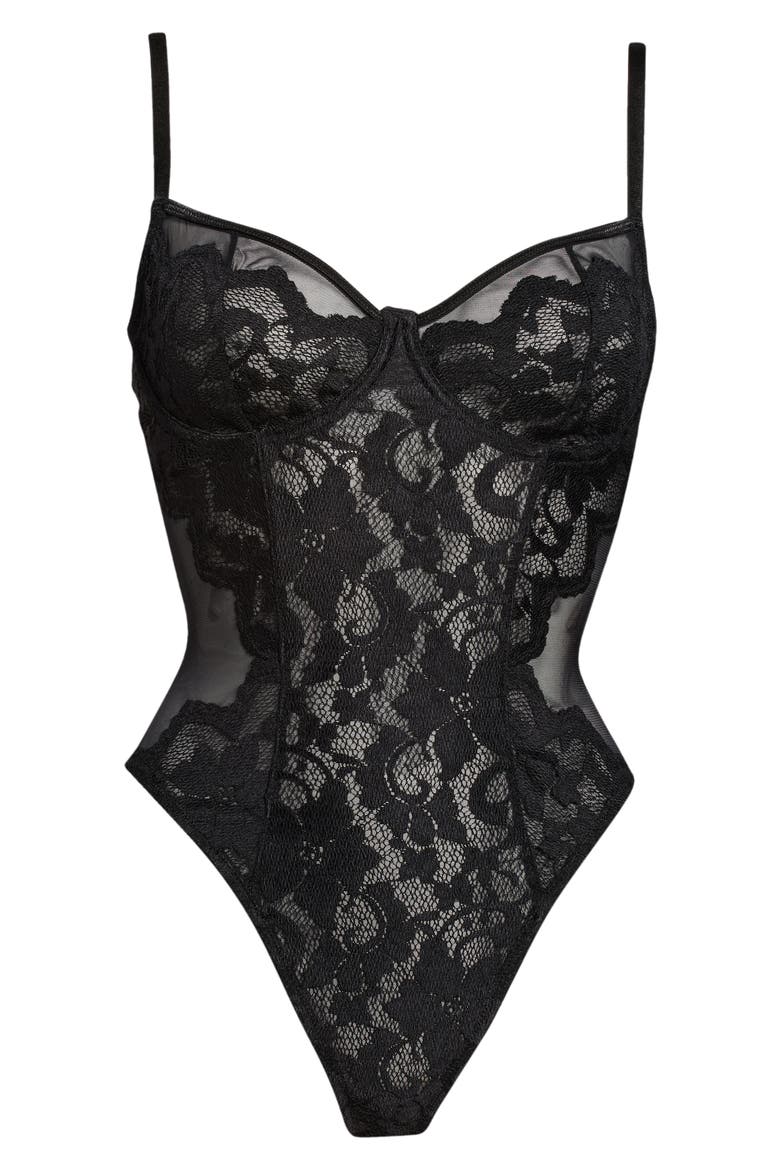 Floral Lace Underwire Teddy, Alternate, color, BLACK