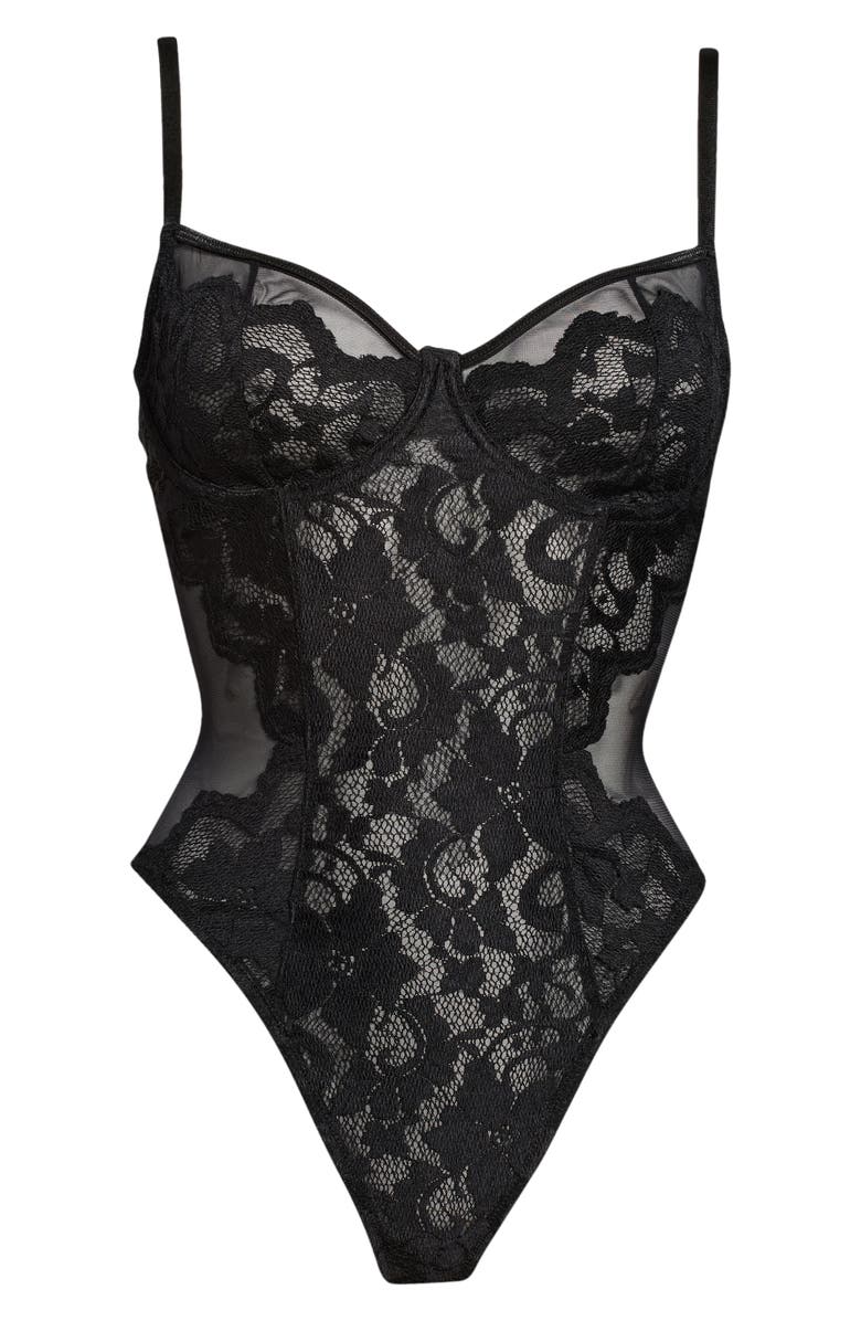 Coquette Floral Lace Underwire Teddy, Alternate, color, Black