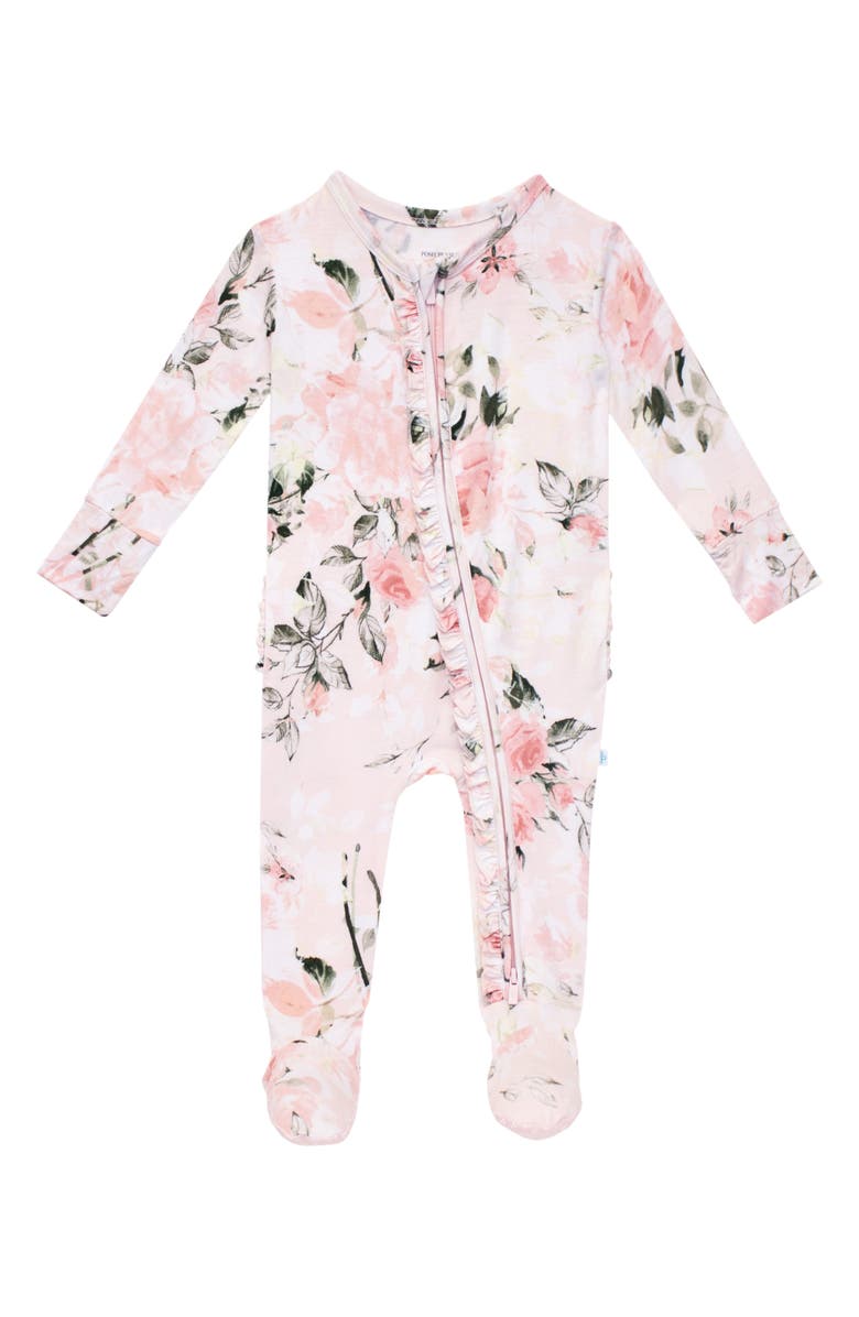 Posh Peanut Vintage Pink Rose Ruffle Fitted Footie Pajamas, Main, color, Light/ Pastel Pink