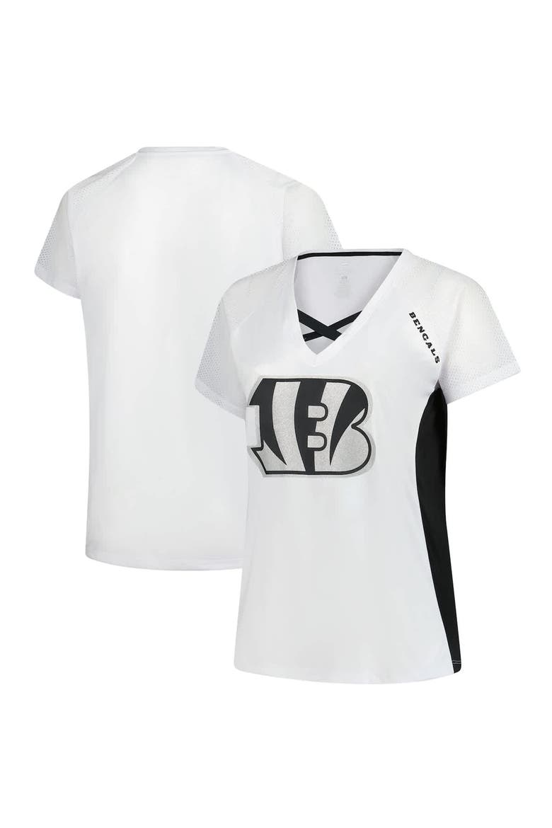 Women's Fanatics  White Cincinnati Bengals Plus Size Glitter Lace-Up V- Neck T-Shirt, Alternate, color, White