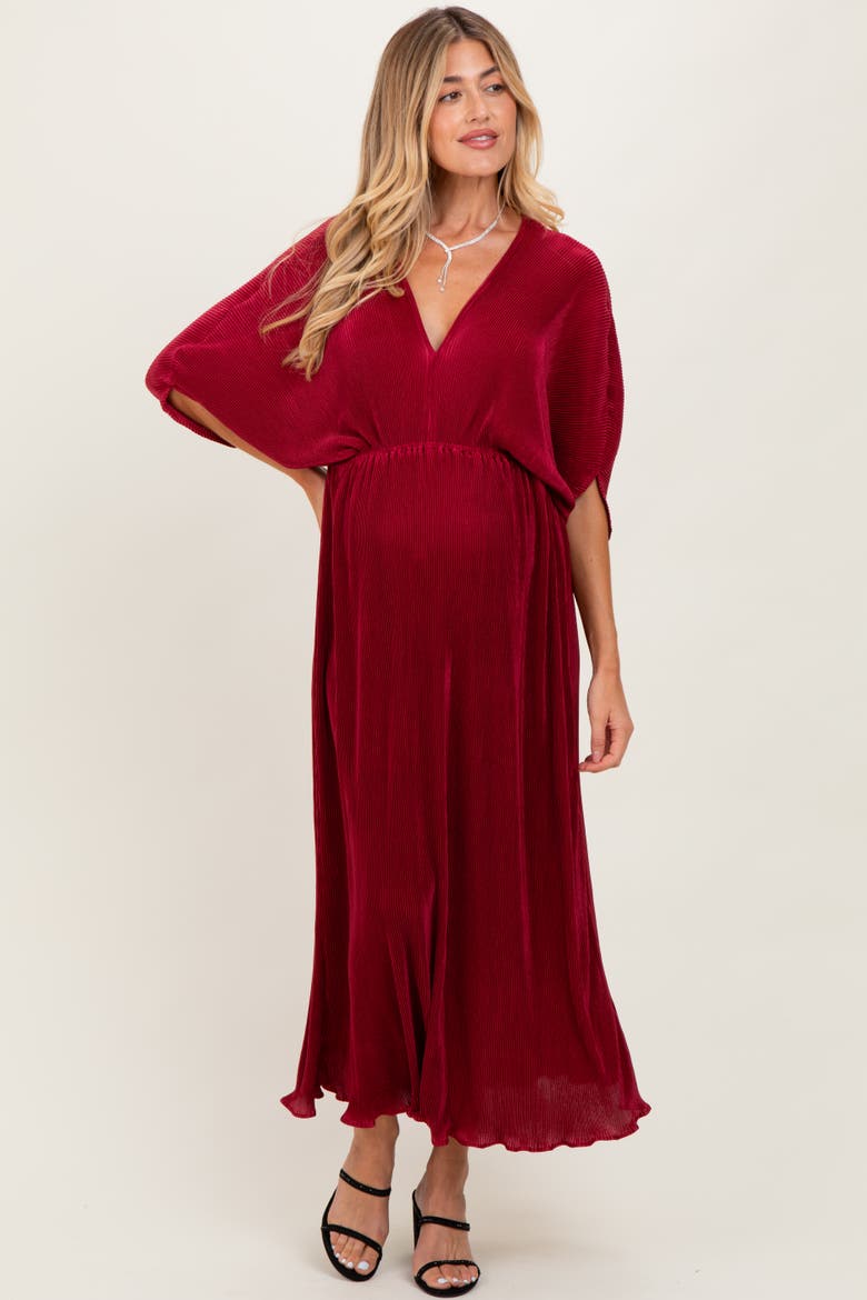 Pleated Satin Dolman Sleeve Maxi Dress, Alternate, color, Burgundy