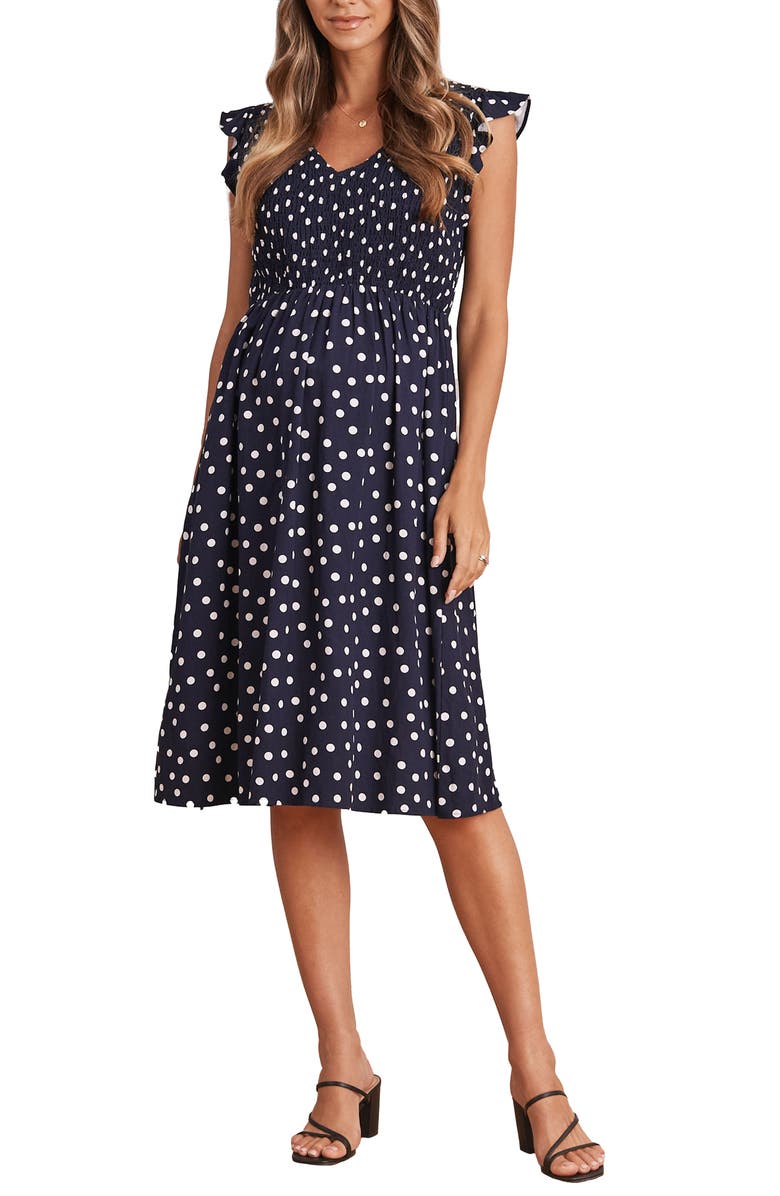 Angel Maternity Polka Dot Linen Blend Maternity Dress, Main, color,