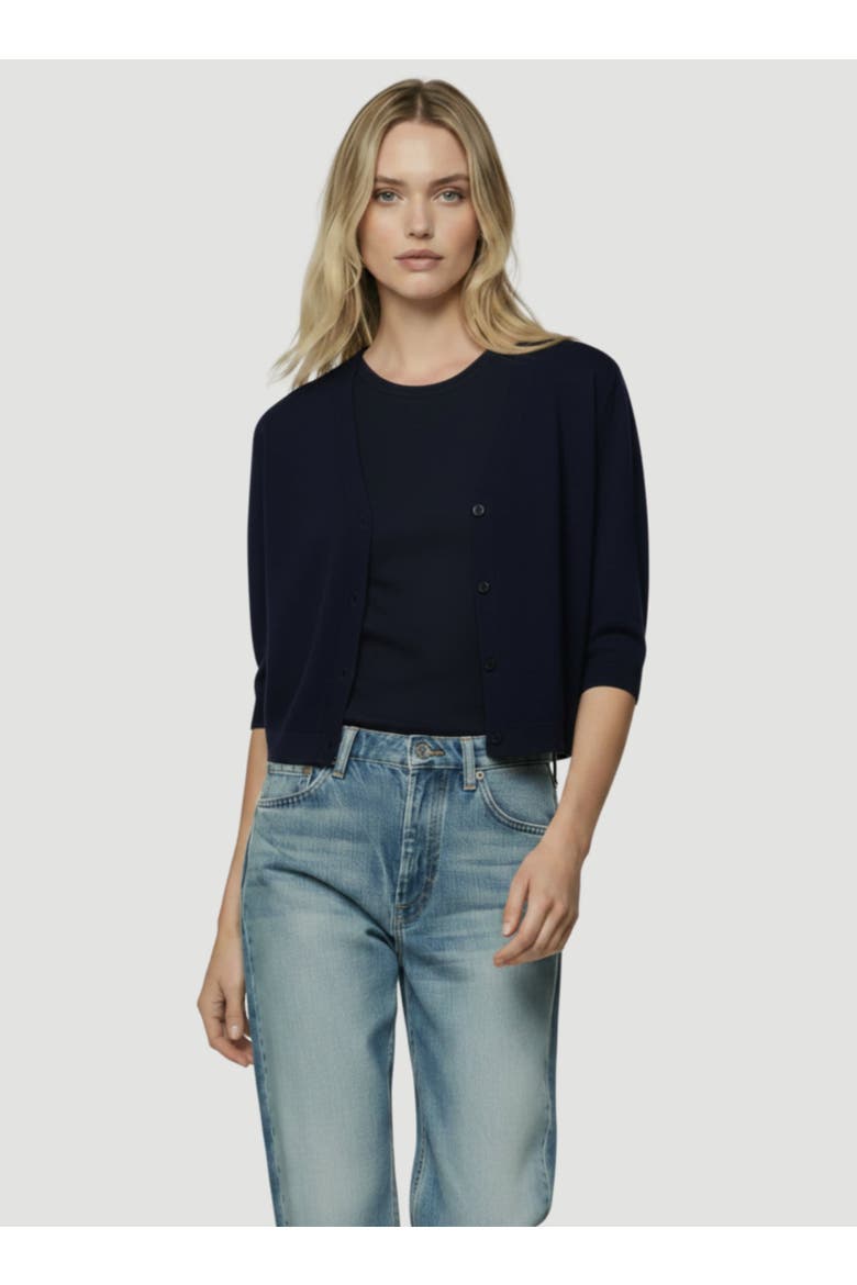 Cashmere Elbow Sleeve Crewneck Cardigan, Main, color, MARINE
