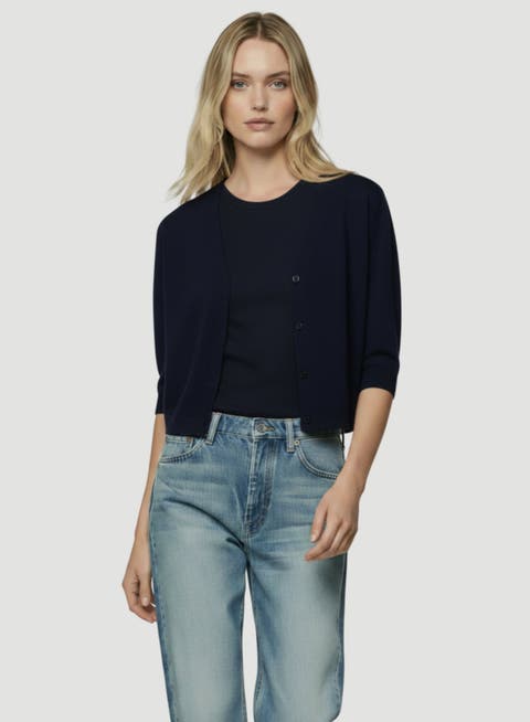 Cashmere Elbow Sleeve Crewneck Cardigan