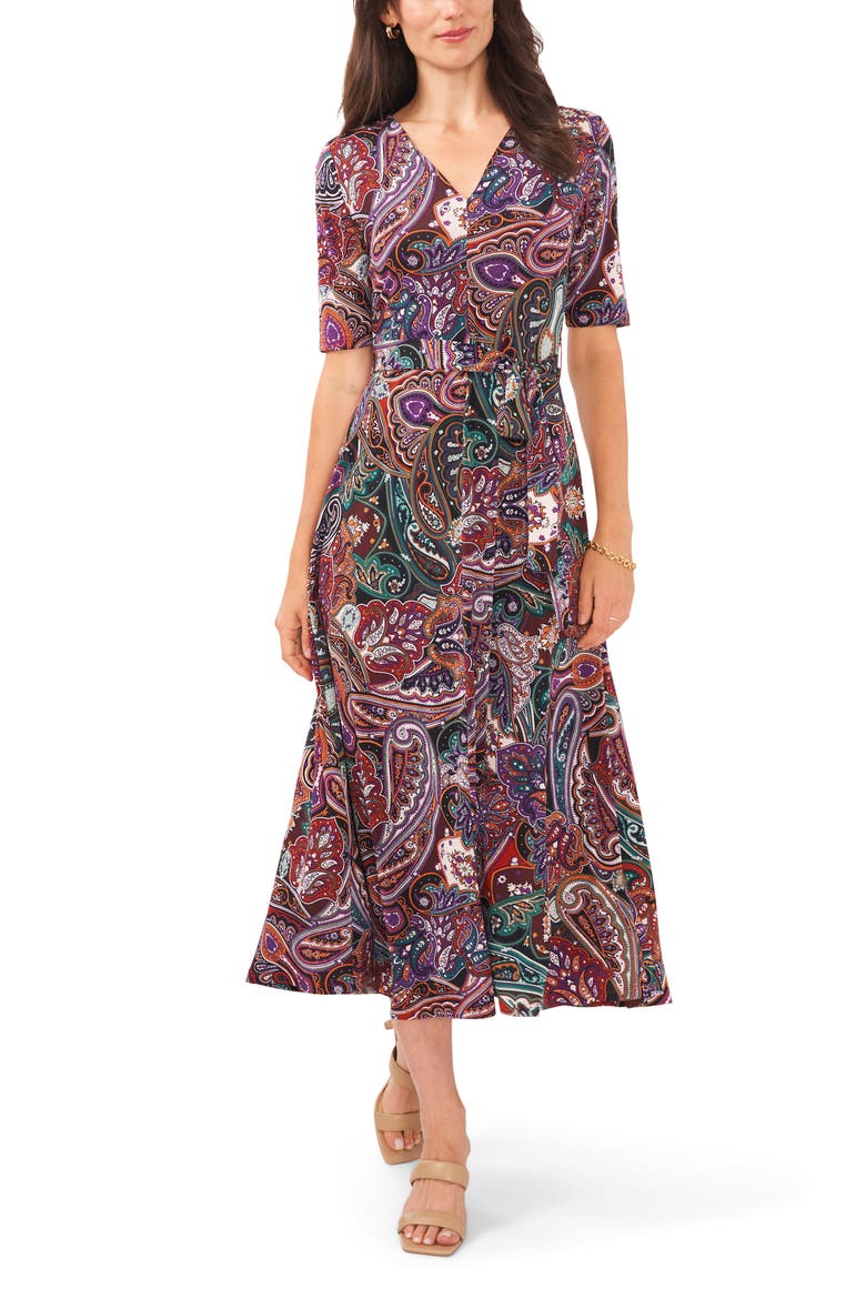 Paisley Tie Waist Midi Dress, Main, color, PEPPER/PLUM