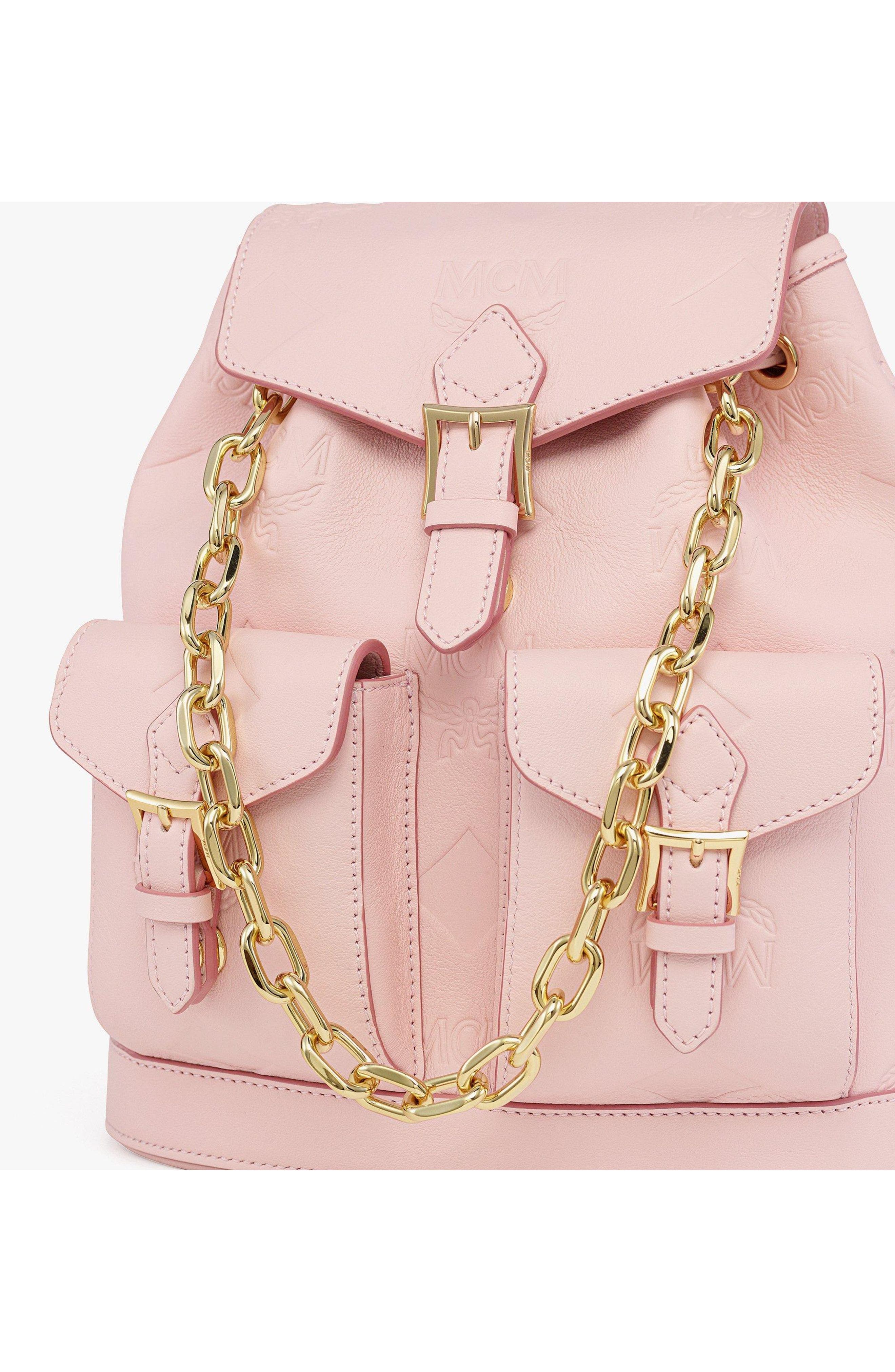 MCM Aren Drawstring Backpack in Maxi Monogram Leather, Alternate, color, Lotus Pink