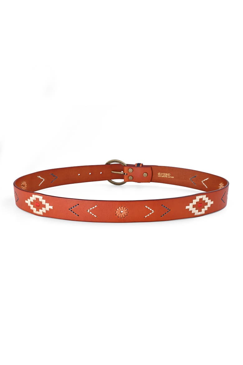 Boho Genuine Leather Perforated Handcrafted Detail Belt, Alternate, color, Camel