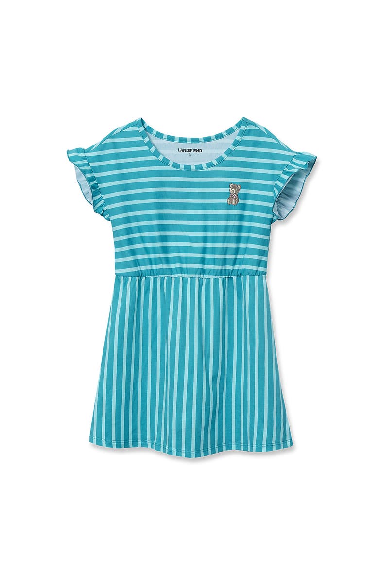 Lands' End Girls Short Sleeve Gathered Waist Tunic Top, Main, color, Teal Stripe Teddy Bear