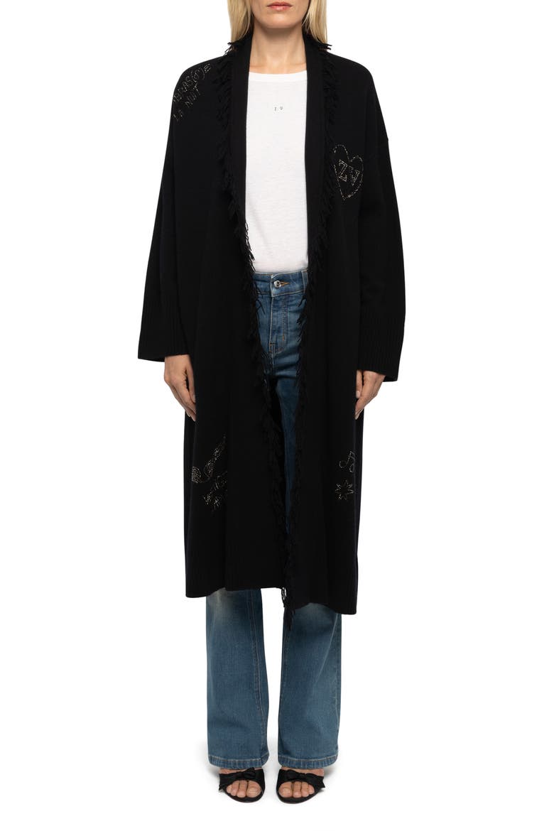 Cami Rhinestone Fringe Trim Longline Wool & Cashmere Sweater, Main, color, BLACK