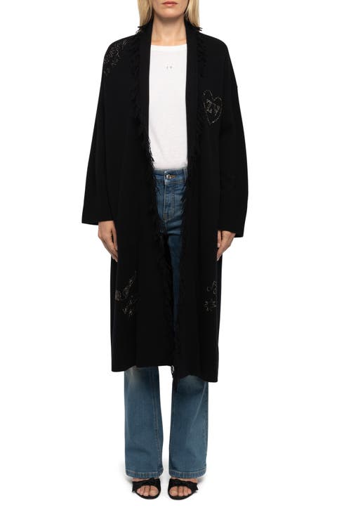 Cami Rhinestone Fringe Trim Longline Wool & Cashmere Sweater