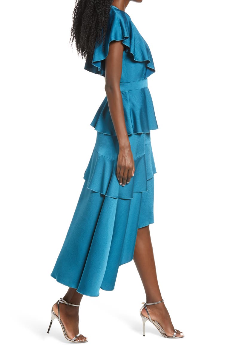 Tiered Satin Midi Dress, Alternate, color, BLUE MULTI