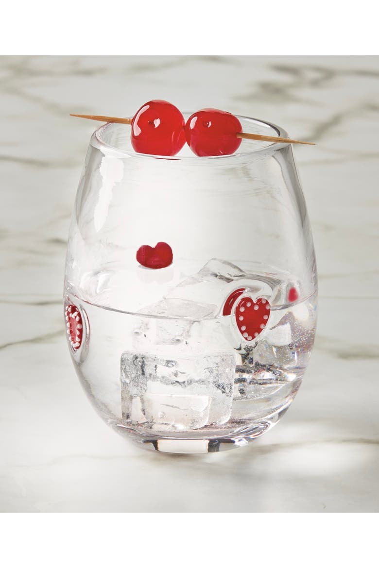 Red Heart Stemless Wine Glass 16 oz Glass 3.5x3.5x4.5 in, Alternate, color, Red