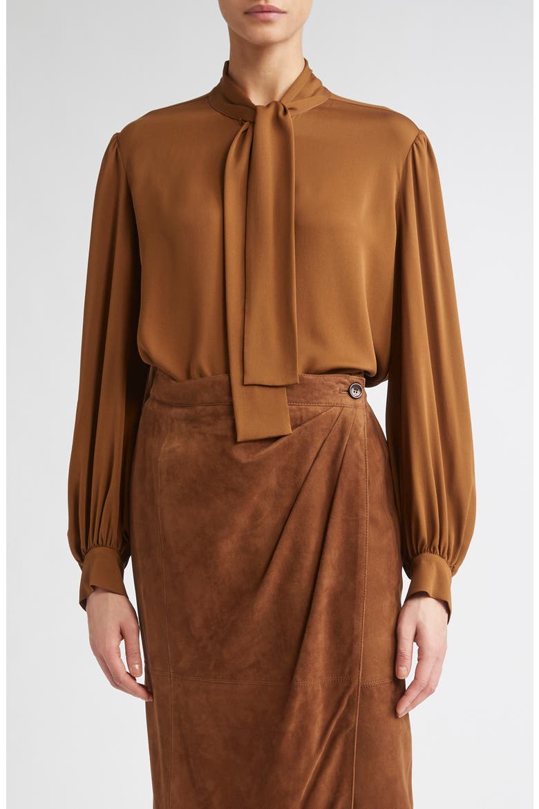 Melania Tie Neck Silk Crêpe de Chine Top, Main, color, TOBACCO