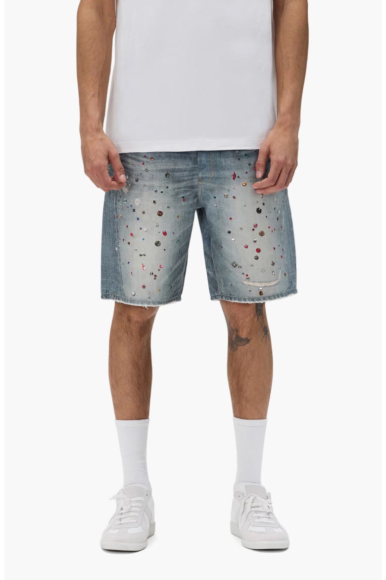 Cyanine Crystal Embellished Denim Shorts, Main, color, LIGHT INDIGO