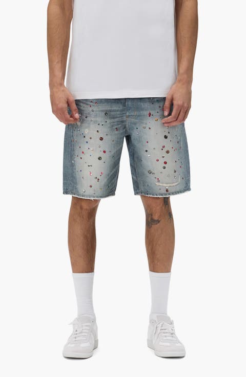 Cyanine Crystal Embellished Denim Shorts