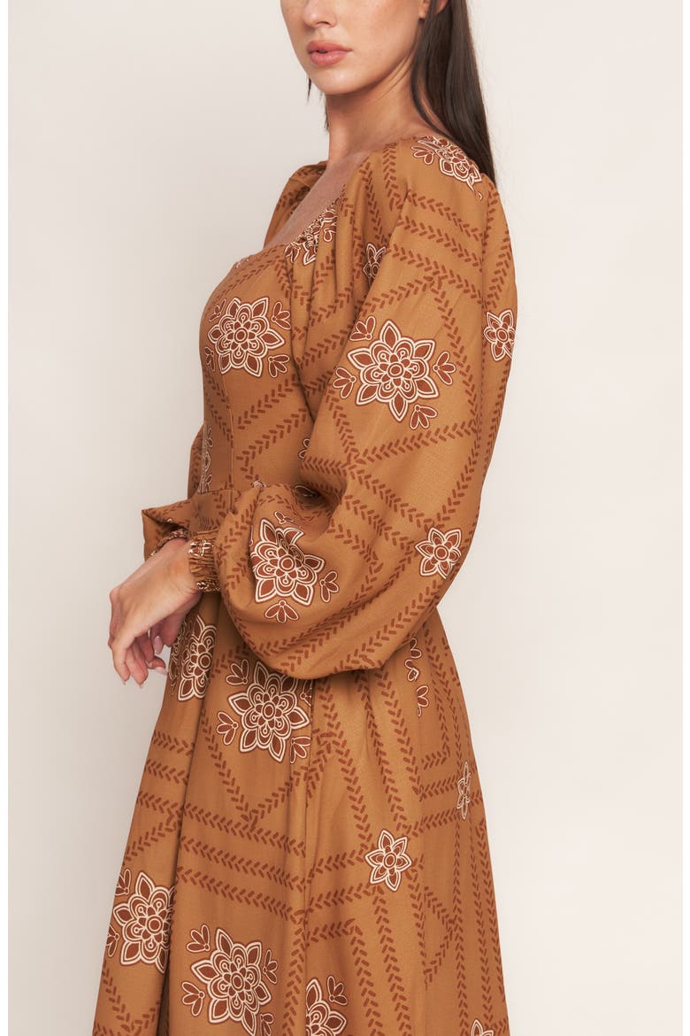 Long Sleeve Print Midi Dress, Alternate, color, CAMEL