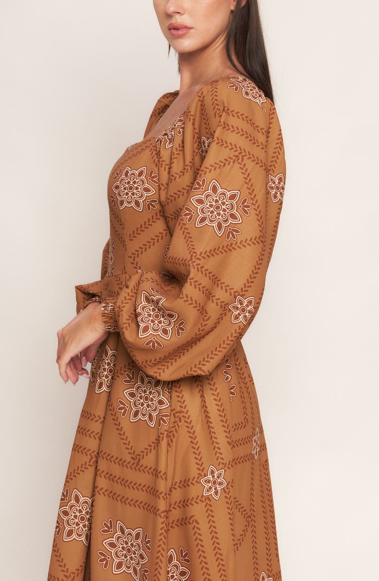FLYING TOMATO Long Sleeve Print Midi Dress, Alternate, color, Camel