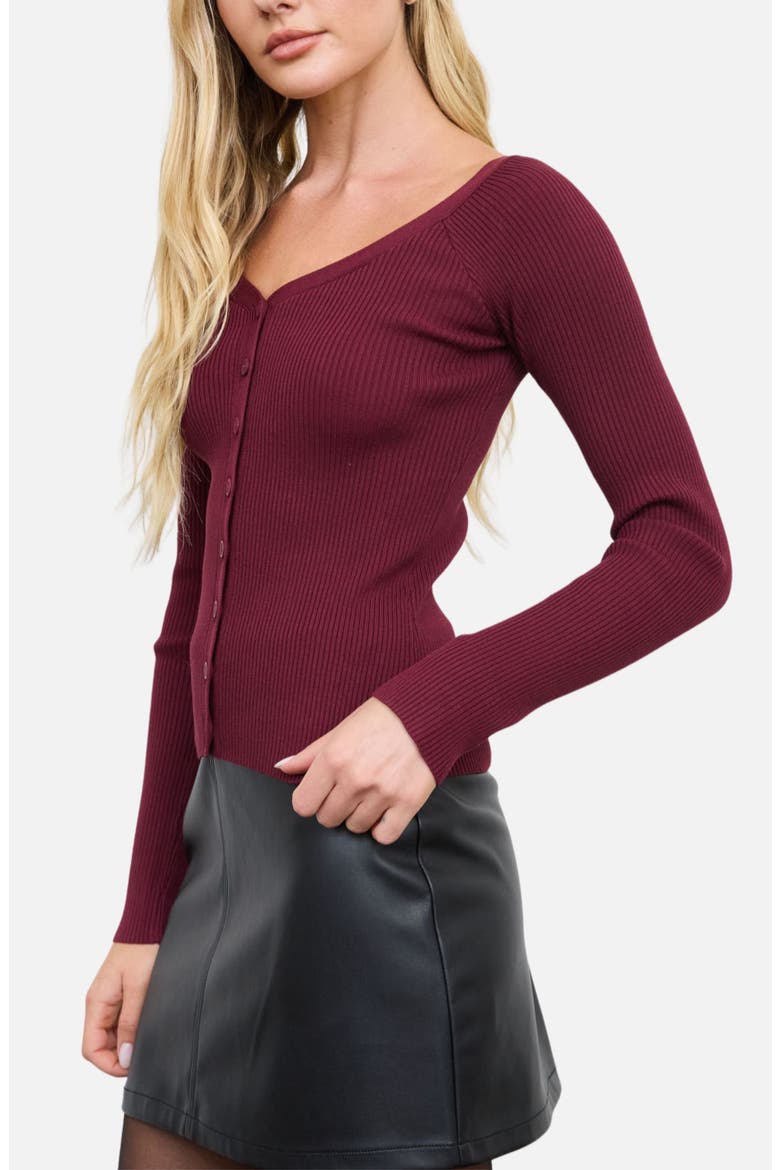 Ribbed Scoop Neck Cardigan, Alternate, color, BURGUNDY