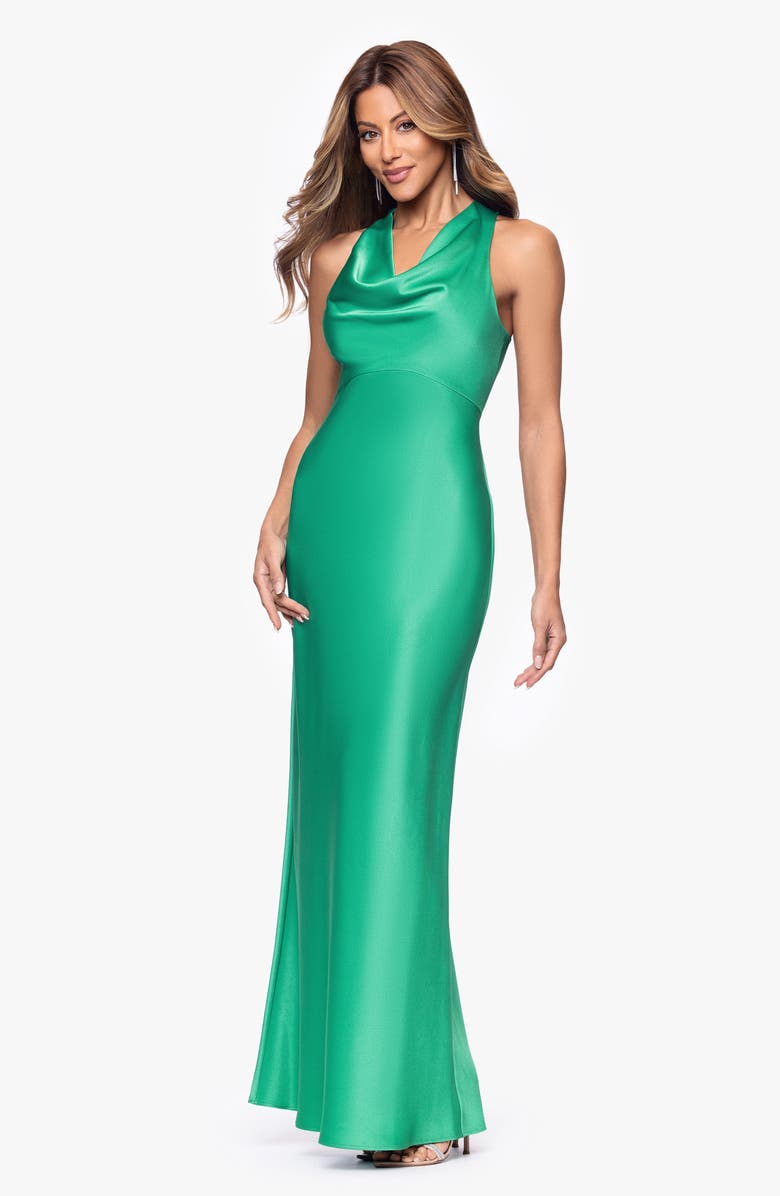 Xscape Evenings Cowl Neck Satin Gown, Alternate, color, Green