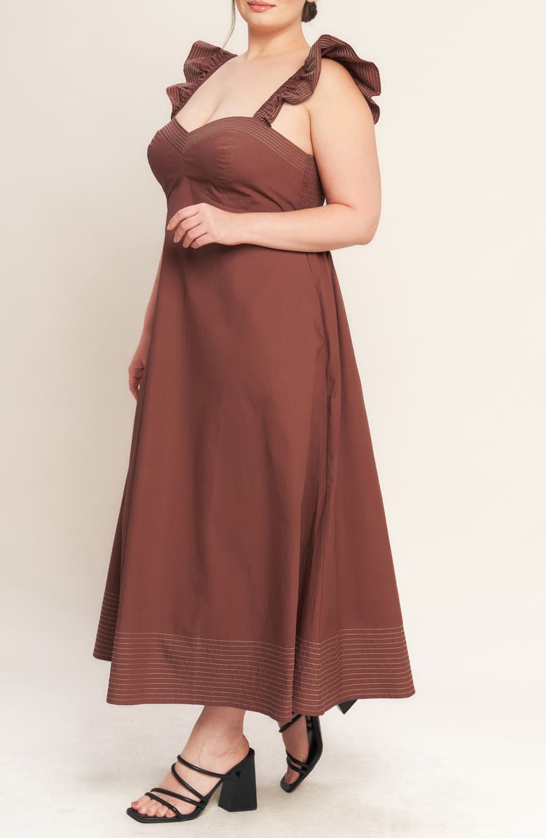FLYING TOMATO Solid Flutter Sleeve Midi Dress, Alternate, color, Cognac