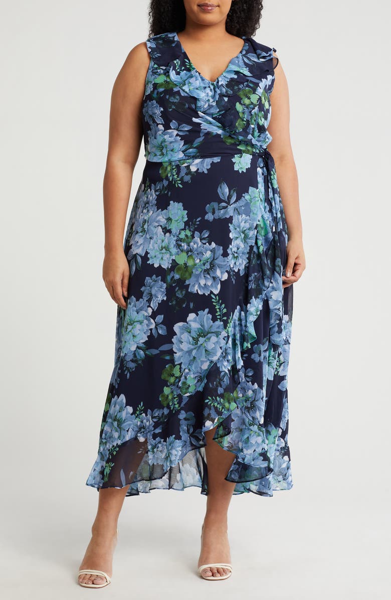 London Times Chiffon Ruffle Dress, Main, color, Navy Blue