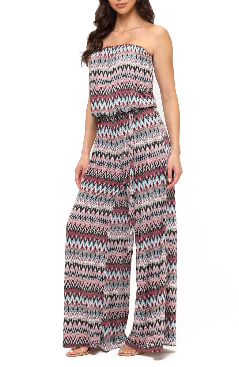 O.L. Chevron Print Strapless Wide Leg Jumpsuit, Alternate, color, Pink/Aqua/ Grey