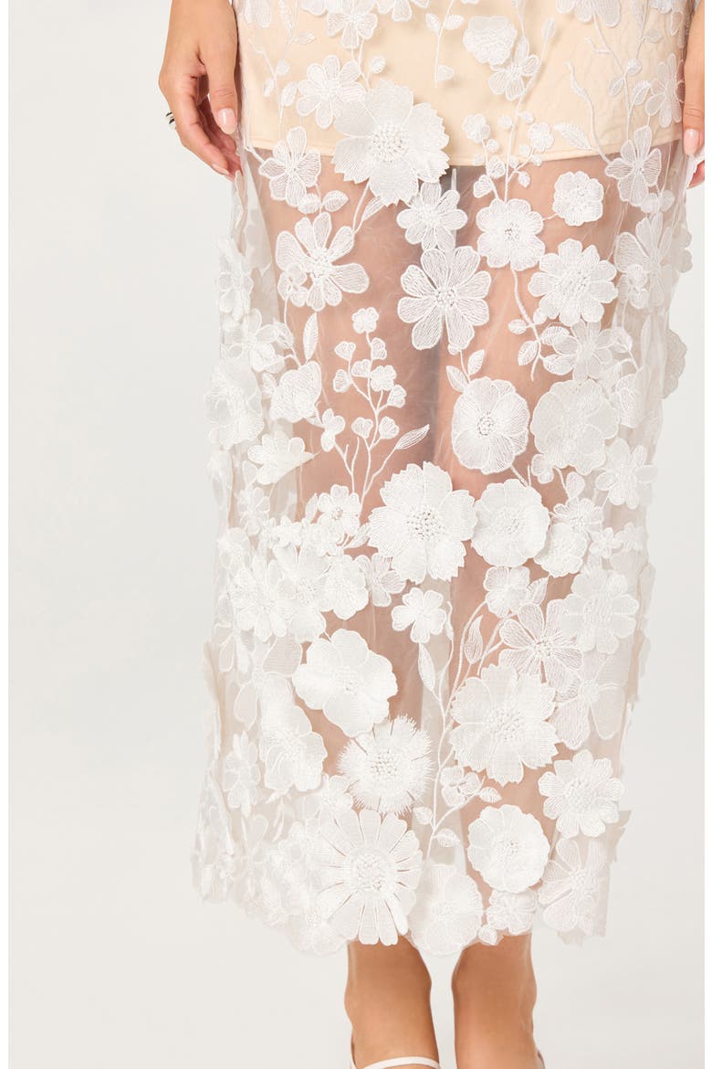 Tanisha 3D Floral Appliqué Semi Sheer Midi Dress, Alternate, color, WHITE
