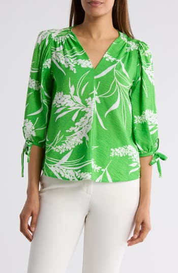Shop Renee C Floral Print V-neck Top In Green