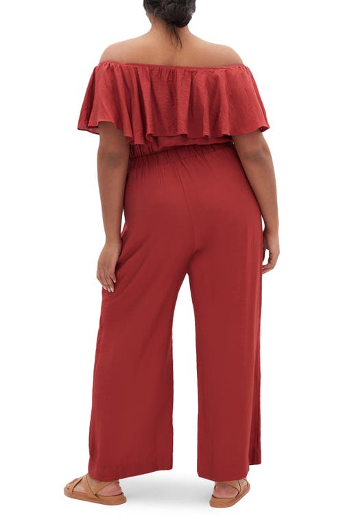 City Chic Serene Ruffle Off The Shoulder Jumpsuit In Brown
