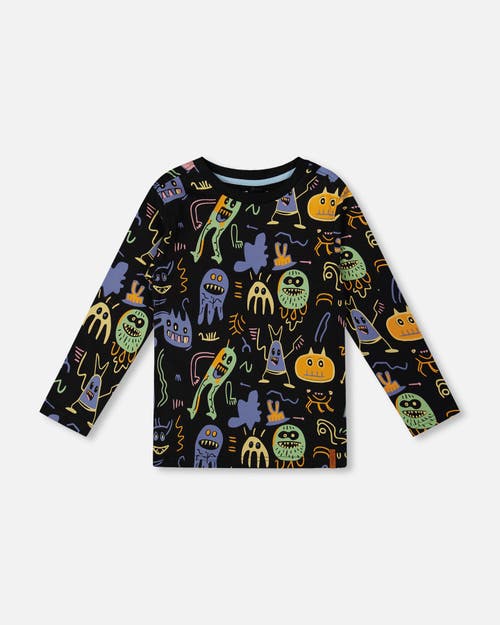 Deux Par Deux Long Sleeve Organic Cotton Allover Monsters Tee In Black