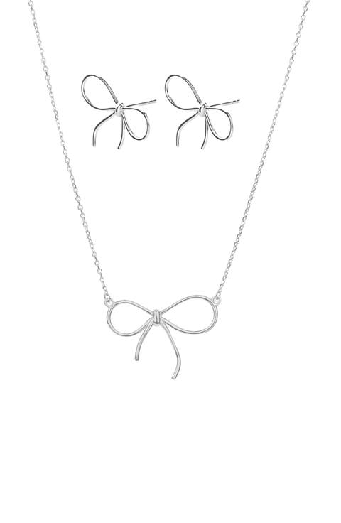 Sterling Silver 18k Gold Plated Colette Chic Bow Necklace & Stud Earrings Set