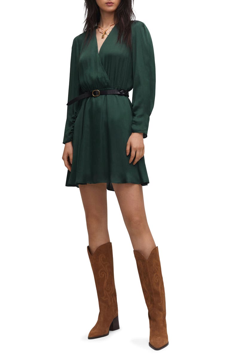 MANGO Long Sleeve Faux Wrap Satin Minidress, Main, color, 