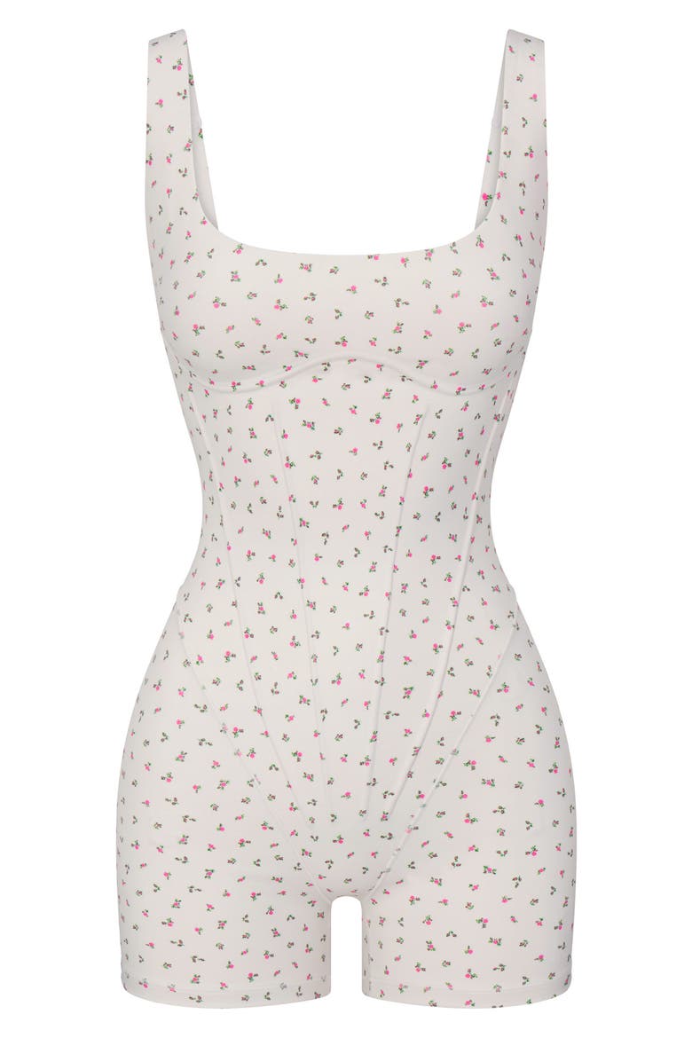 Matte Floral Corset Bodysuit, Alternate, color, NSKM ACTV IVORY/ NSKM FLAMINGO
