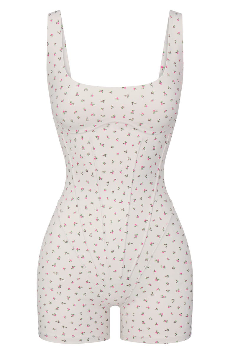 NikeSKIMS Matte Floral Corset Bodysuit, Alternate, color, Nskm Actv Ivory/ Nskm Flamingo