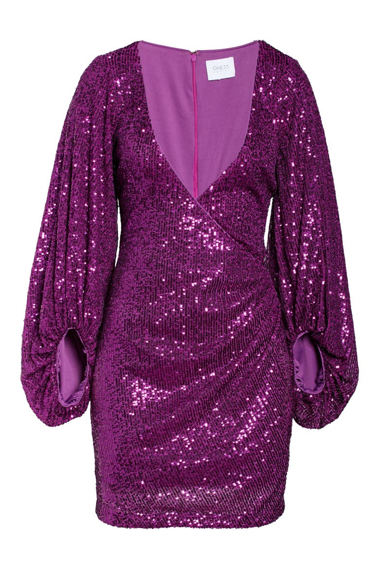 Balloon Sleeve Sequin Cocktail Minidress, Alternate, color, ORCHID