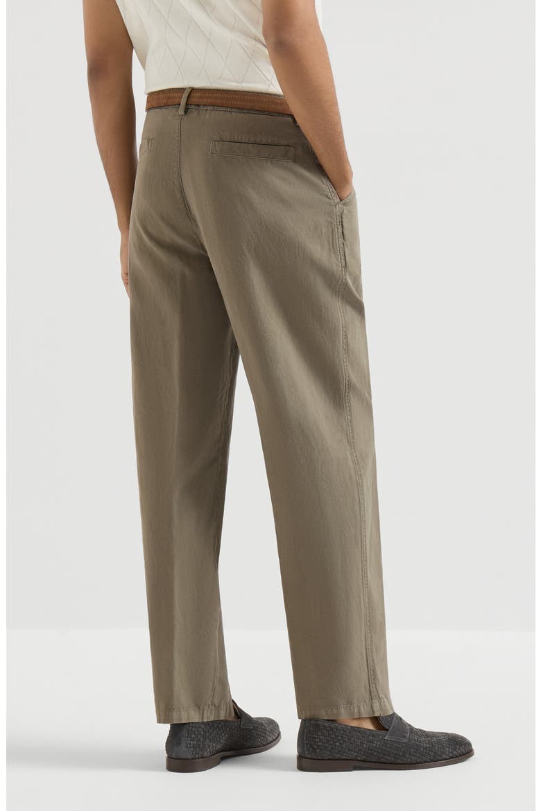 Garment-dyed trousers in cotton and linen canvas with pleat, Alternate, color, Military