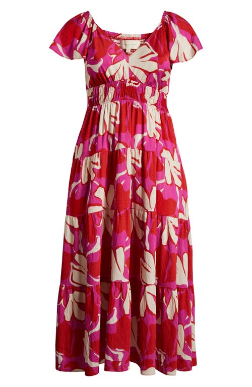 MELLODAY MELLODAY PRINTED SHIRRED WAIST TIERED MAXI SUNDRESS