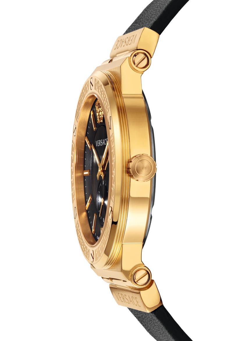 Greca Logo Leather Strap Watch, 41mm, Alternate, color, BLACK/ GOLD